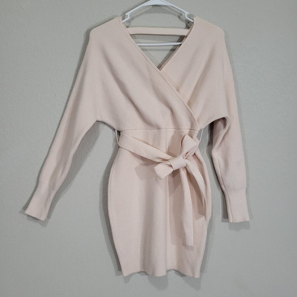 Zesica Sweater Dress Women S Pink Knit Ribbed Long Sleeve V Neck Belted Short